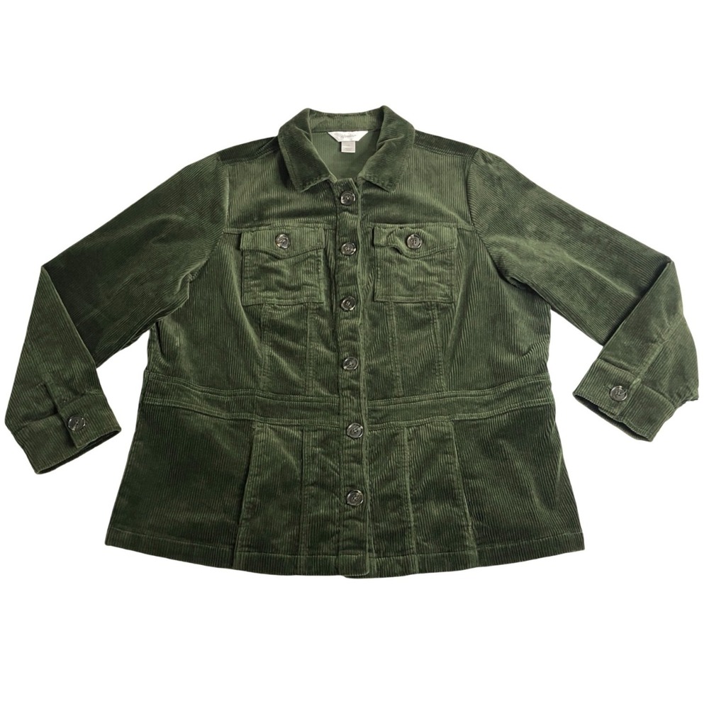 CJ Banks Corduroy Jacket Womens Plus 1X Green Utility Chore Barn Casual Coat